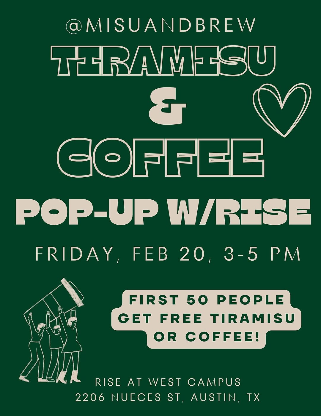 get ready for our next pop-up w\/rise!! we will be there from 3-5 on friday, feb 20\n\nfirst 50 people will get free tiramisu OR coffee \u2615\ufe0f\ud83d\ude0b\n\nfollow to stay updated!